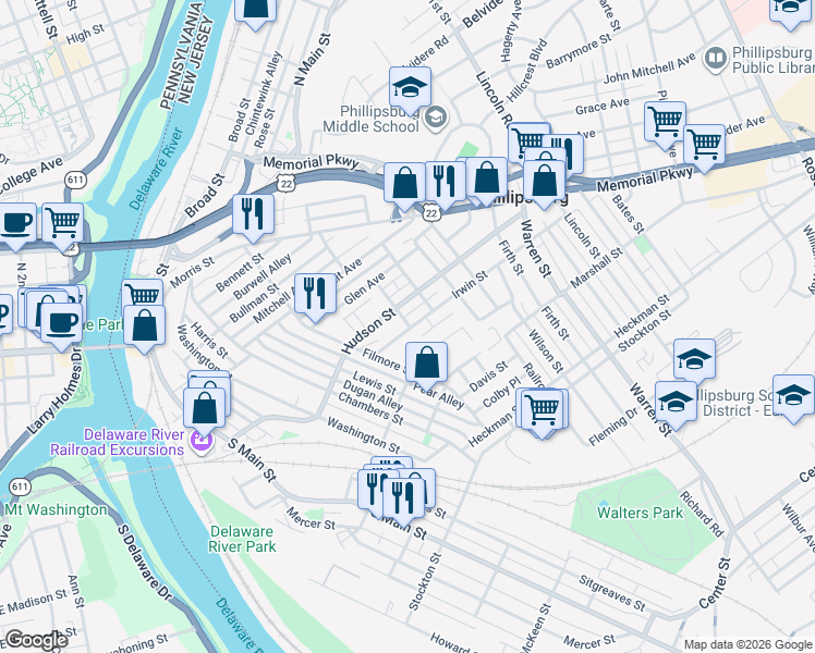 map of restaurants, bars, coffee shops, grocery stores, and more near 208 Irwin Street in Phillipsburg