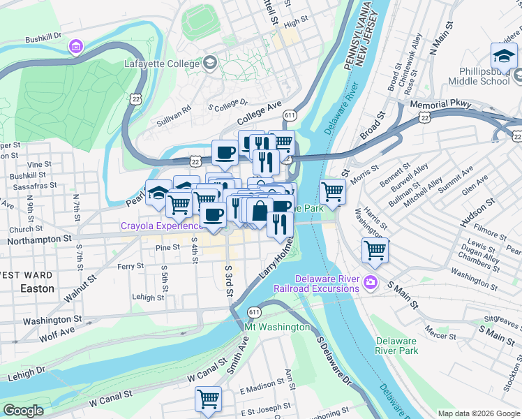 map of restaurants, bars, coffee shops, grocery stores, and more near 27 North 2nd Street in Easton