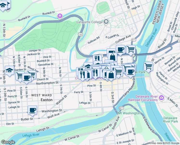 map of restaurants, bars, coffee shops, grocery stores, and more near 37 North 5th Street in Easton
