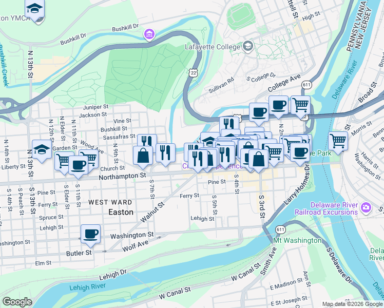 map of restaurants, bars, coffee shops, grocery stores, and more near 44 North 6th Street in Easton