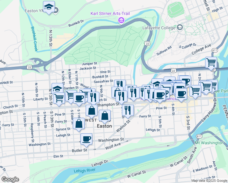 map of restaurants, bars, coffee shops, grocery stores, and more near 719 Pearl Street in Easton