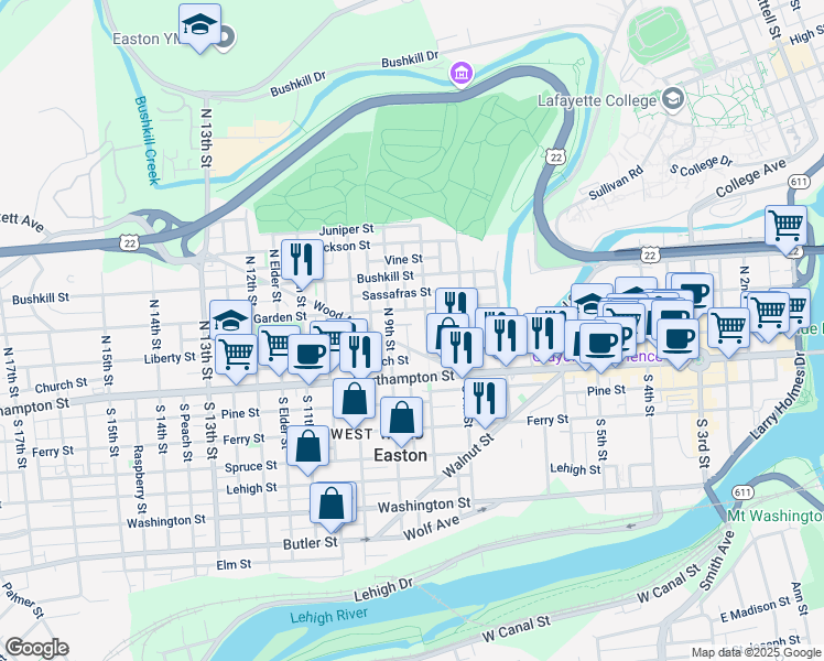 map of restaurants, bars, coffee shops, grocery stores, and more near 13 North Mulberry Street in Easton