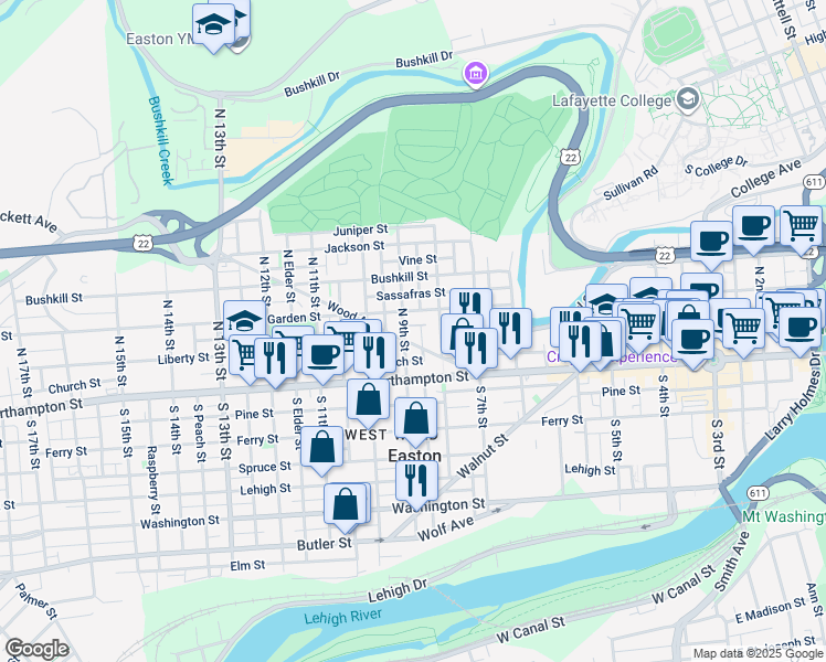 map of restaurants, bars, coffee shops, grocery stores, and more near 13 North Mulberry Street in Easton