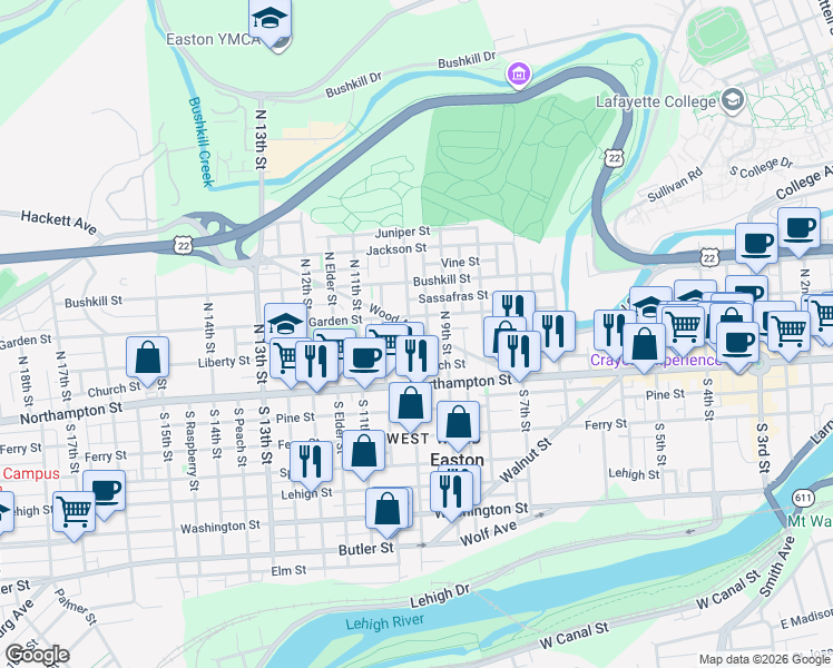 map of restaurants, bars, coffee shops, grocery stores, and more near 111 North 10th Street in Easton