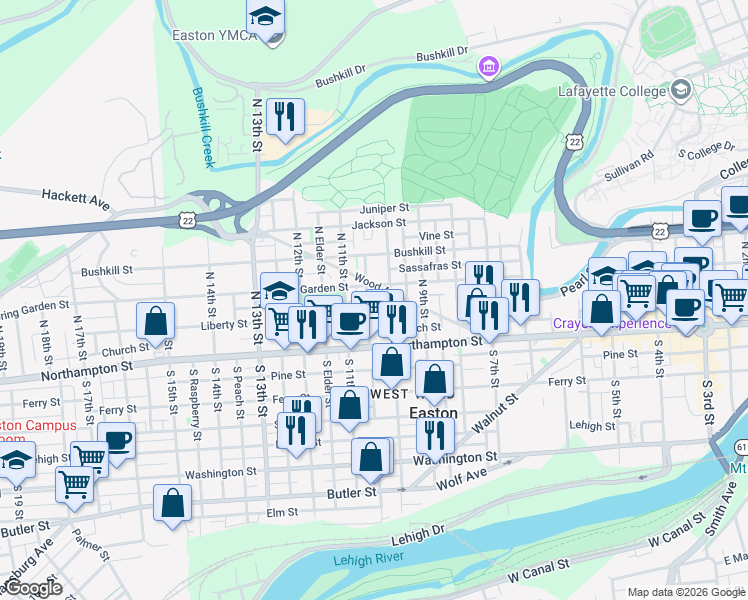 map of restaurants, bars, coffee shops, grocery stores, and more near 116 North Warren Street in Easton