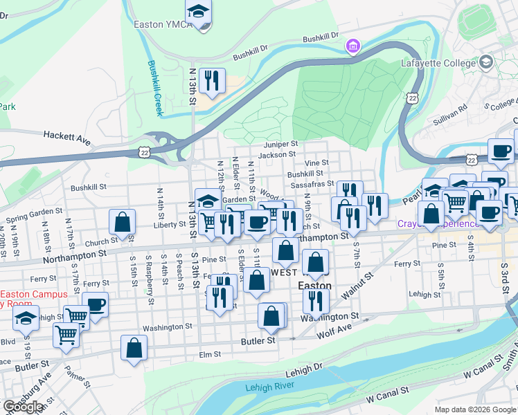 map of restaurants, bars, coffee shops, grocery stores, and more near 116 North Warren Street in Easton