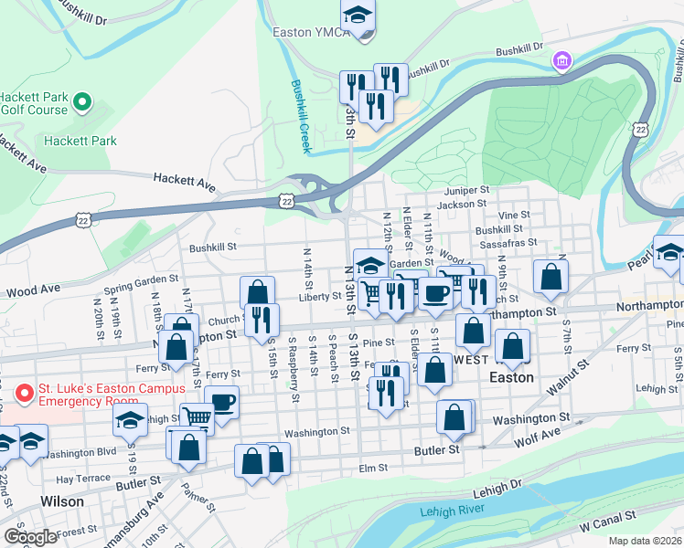 map of restaurants, bars, coffee shops, grocery stores, and more near 127 North 13th Street in Easton