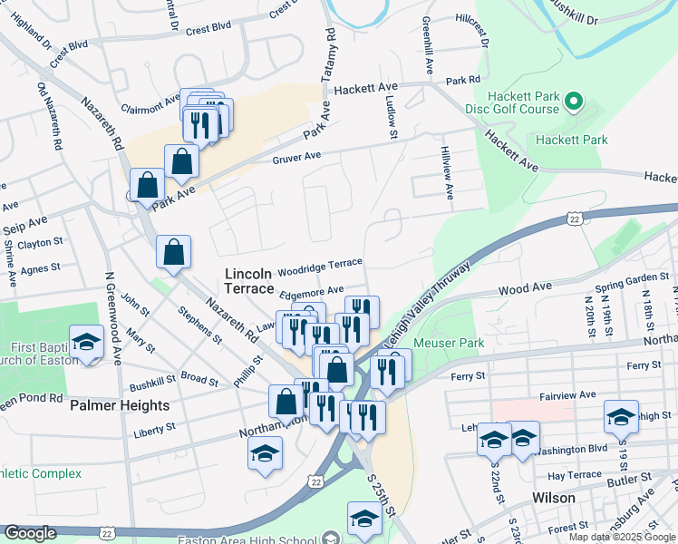 map of restaurants, bars, coffee shops, grocery stores, and more near 2320 Woodridge Terrace in Easton