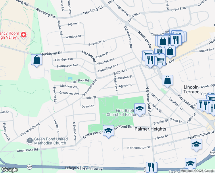 map of restaurants, bars, coffee shops, grocery stores, and more near 3030 Agnes Street in Easton