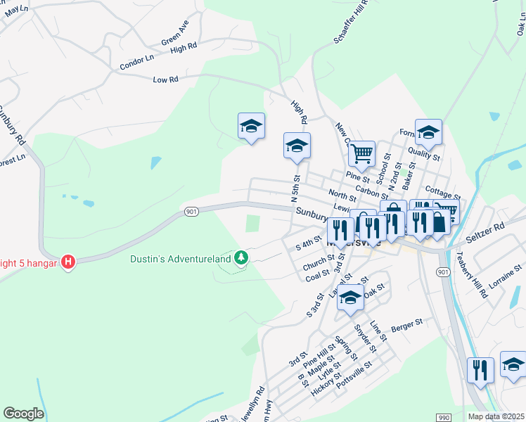 map of restaurants, bars, coffee shops, grocery stores, and more near 553 Sunbury Street in Minersville