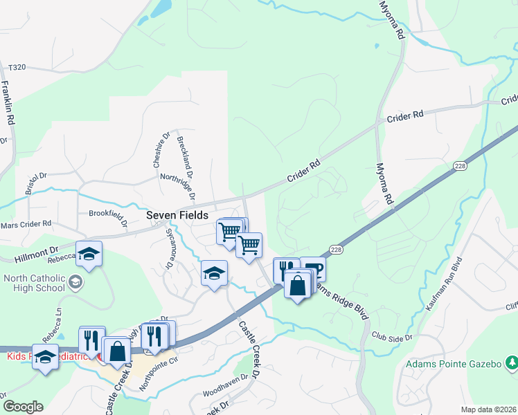 map of restaurants, bars, coffee shops, grocery stores, and more near 500 Seven Fields Boulevard in Seven Fields