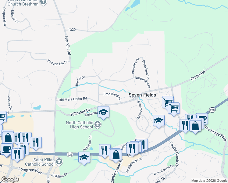 map of restaurants, bars, coffee shops, grocery stores, and more near 818 Brookfield Drive in Seven Fields