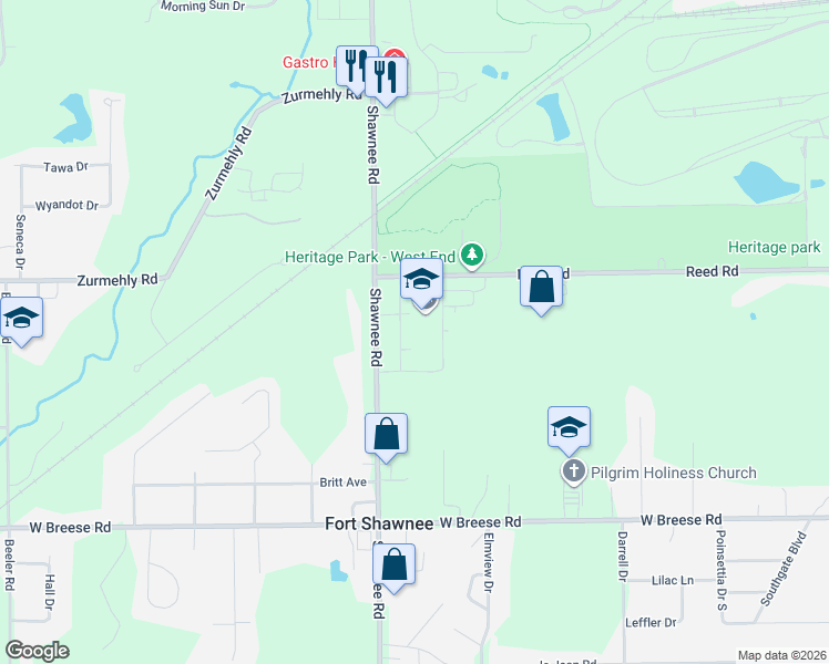map of restaurants, bars, coffee shops, grocery stores, and more near 3325 Shawnee Road in Cridersville