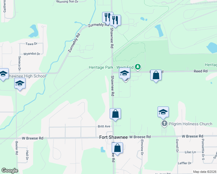 map of restaurants, bars, coffee shops, grocery stores, and more near 3340 Shawnee Rd in Cridersville