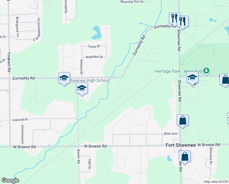 map of restaurants, bars, coffee shops, grocery stores, and more near 2340 Meadow Lane in Lima