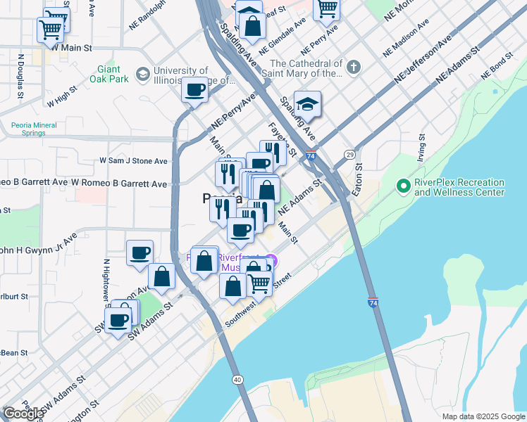 map of restaurants, bars, coffee shops, grocery stores, and more near 116 Southwest Jefferson Avenue in Peoria