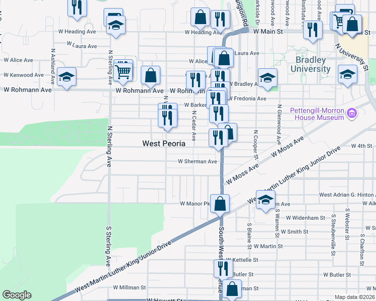 map of restaurants, bars, coffee shops, grocery stores, and more near 2106 W Ayres Ave in West Peoria