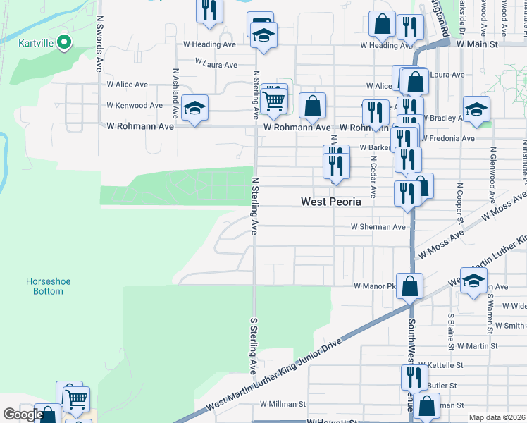 map of restaurants, bars, coffee shops, grocery stores, and more near in Peoria