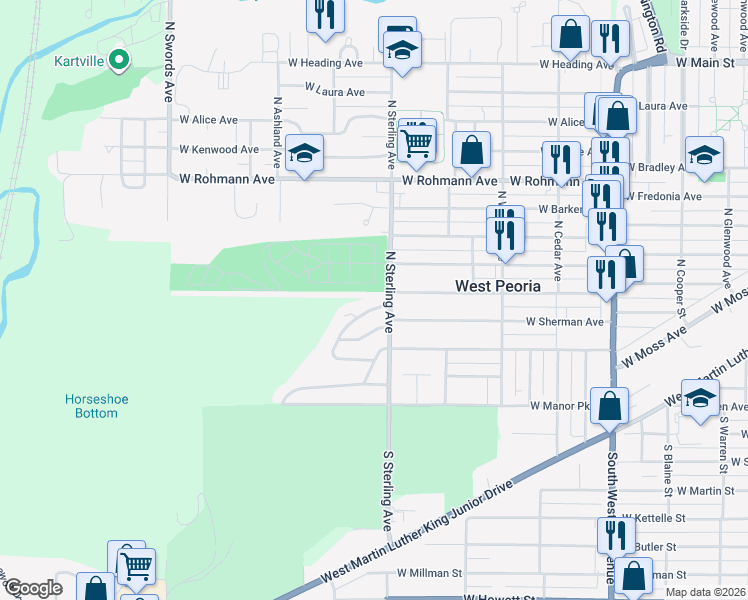 map of restaurants, bars, coffee shops, grocery stores, and more near in Peoria