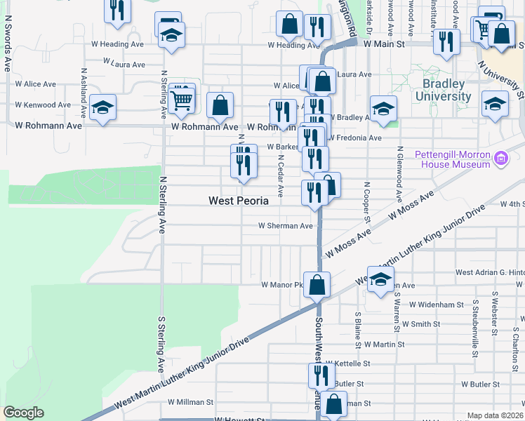 map of restaurants, bars, coffee shops, grocery stores, and more near 2106 West Ayres Avenue in West Peoria
