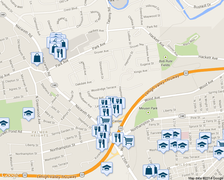 map of restaurants, bars, coffee shops, grocery stores, and more near 2320 Woodridge Terrace in Easton