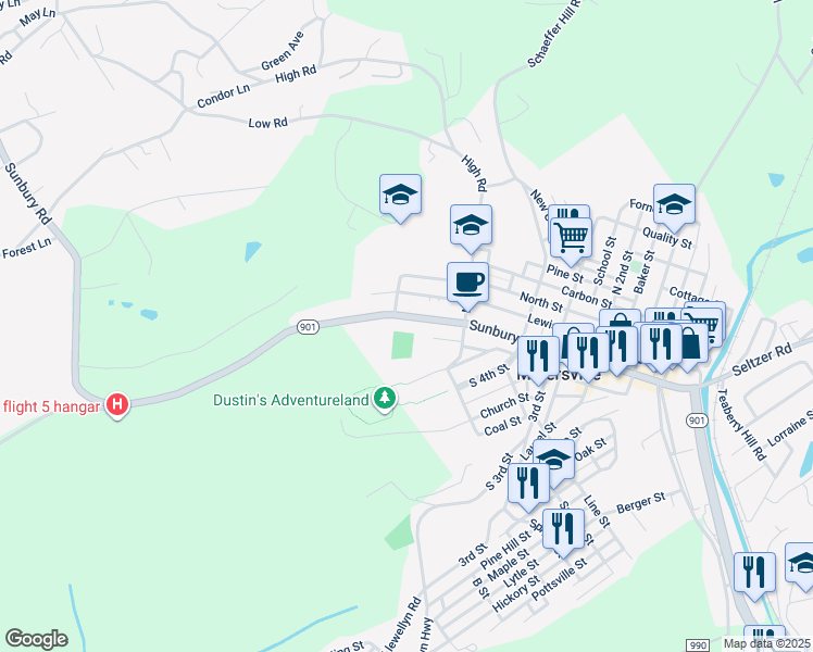 map of restaurants, bars, coffee shops, grocery stores, and more near 581 Sunbury Street in Minersville