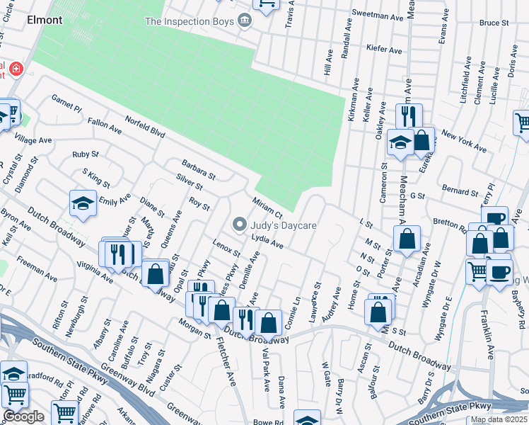 map of restaurants, bars, coffee shops, grocery stores, and more near 596 Valmont Place in Elmont