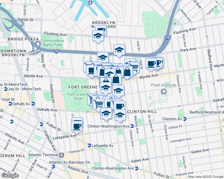 map of restaurants, bars, coffee shops, grocery stores, and more near 181 Clermont Avenue in Brooklyn