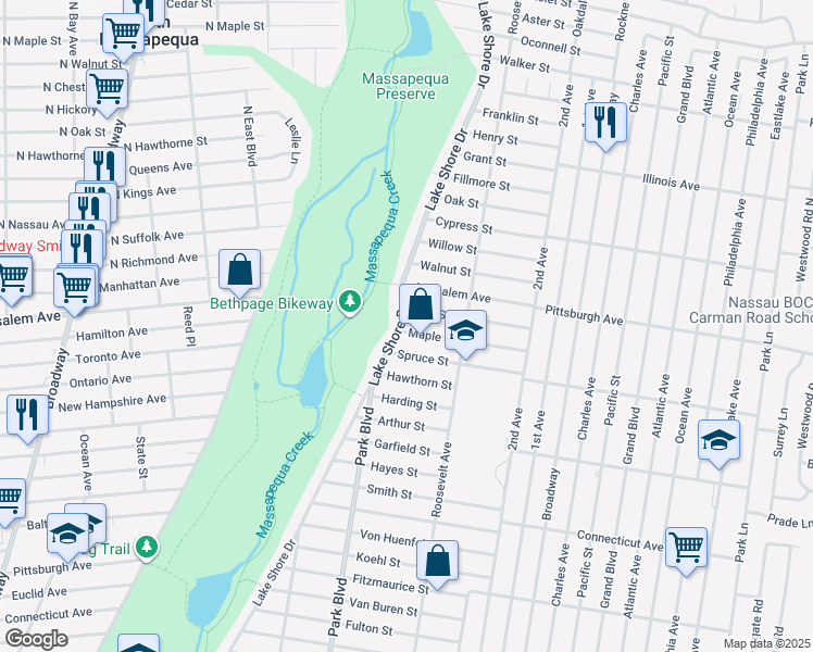 map of restaurants, bars, coffee shops, grocery stores, and more near 1269 Lake Shore Drive in Massapequa Park