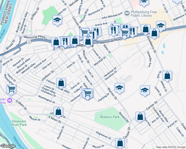 map of restaurants, bars, coffee shops, grocery stores, and more near 355 Firth Street in Phillipsburg