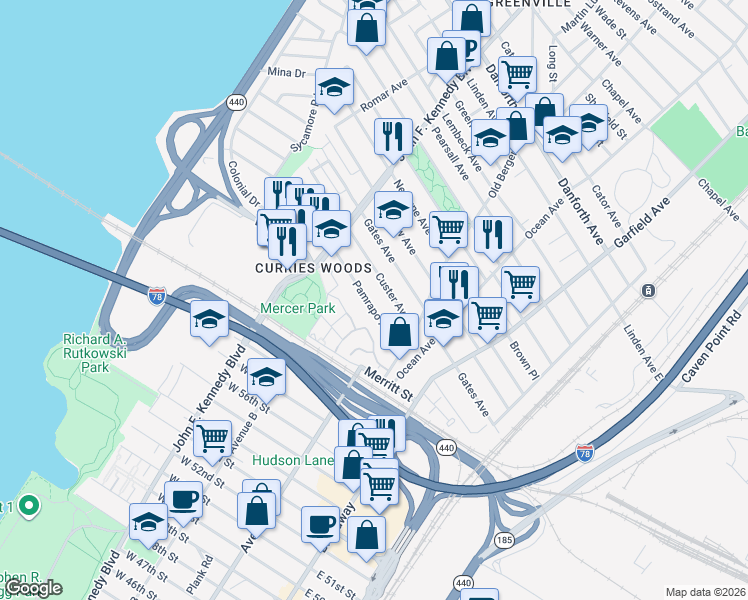 map of restaurants, bars, coffee shops, grocery stores, and more near 145 Custer Avenue in Jersey City