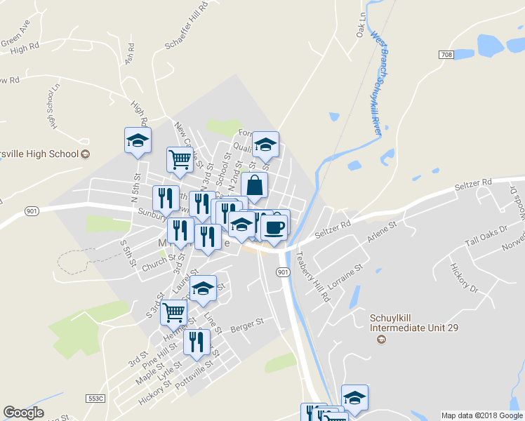 map of restaurants, bars, coffee shops, grocery stores, and more near 25 Carbon Street in Minersville