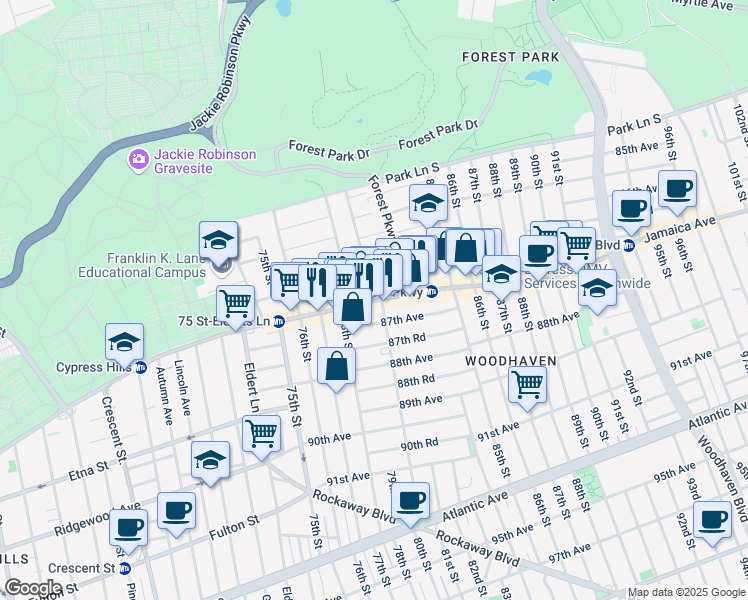 map of restaurants, bars, coffee shops, grocery stores, and more near Jamaica Ave & 80th St in Queens