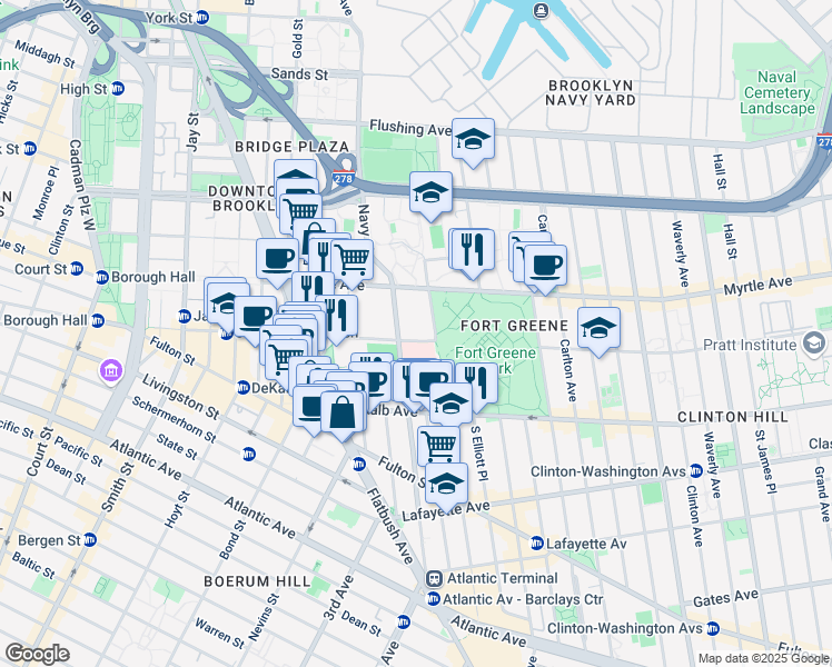 map of restaurants, bars, coffee shops, grocery stores, and more near 135 Willoughby Street in Brooklyn