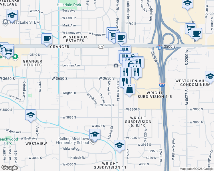 map of restaurants, bars, coffee shops, grocery stores, and more near 3686 Market Street in West Valley City