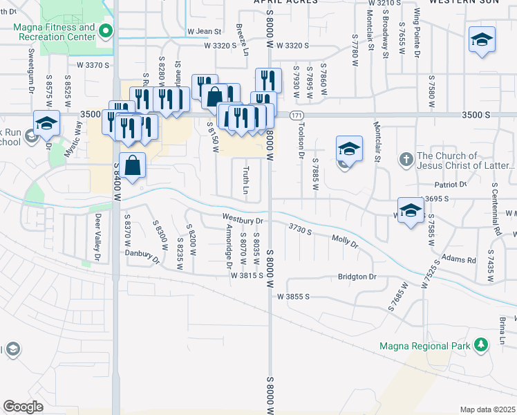 map of restaurants, bars, coffee shops, grocery stores, and more near 8027 Country West Drive in Magna