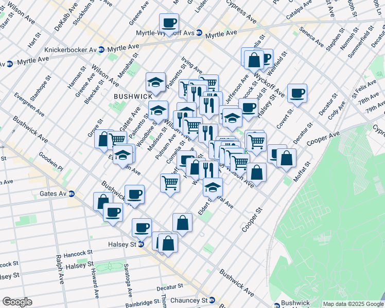 map of restaurants, bars, coffee shops, grocery stores, and more near 1266 Jefferson Avenue in Brooklyn