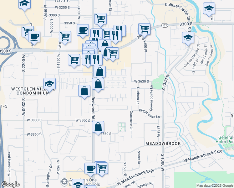 map of restaurants, bars, coffee shops, grocery stores, and more near 3699 Angelico Court in West Valley City
