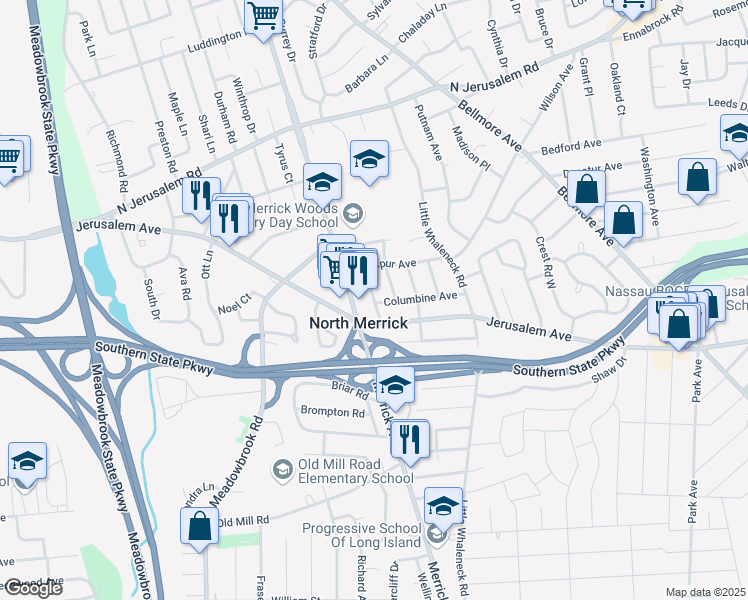 map of restaurants, bars, coffee shops, grocery stores, and more near 21 Aster Avenue in Merrick