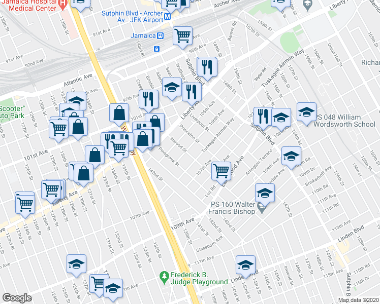 map of restaurants, bars, coffee shops, grocery stores, and more near 145-02 106th Avenue in Queens