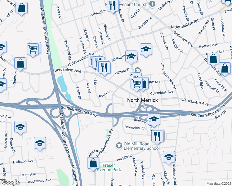 map of restaurants, bars, coffee shops, grocery stores, and more near 1175 Meadowbrook Road in Merrick