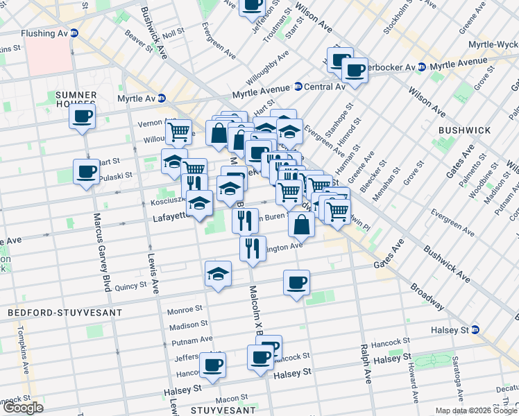 map of restaurants, bars, coffee shops, grocery stores, and more near 61 Malcolm X Boulevard in Brooklyn
