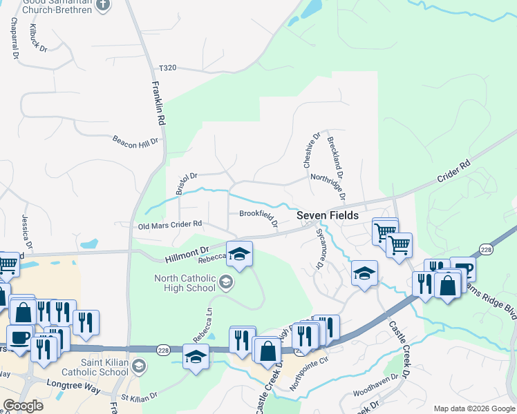 map of restaurants, bars, coffee shops, grocery stores, and more near 818 Brookfield Drive in Seven Fields