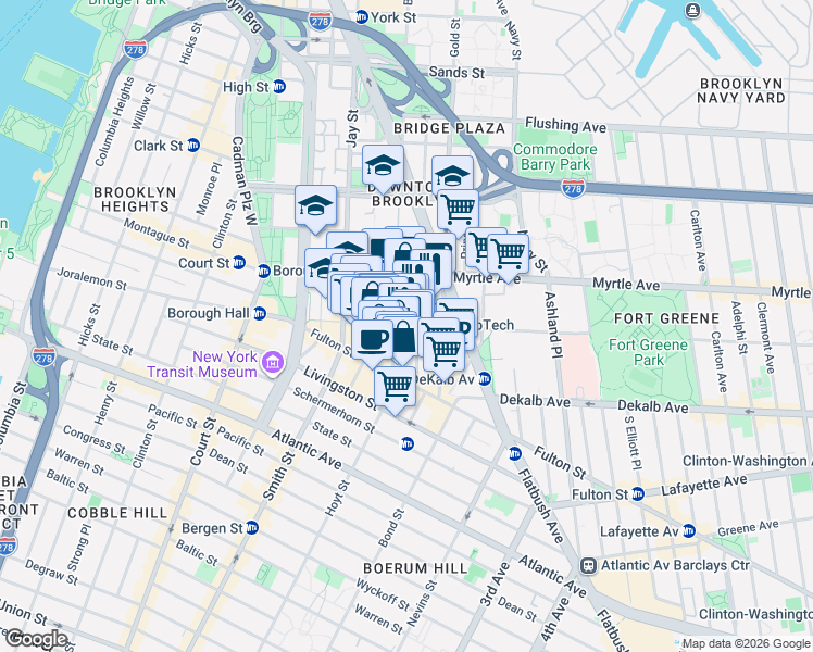 map of restaurants, bars, coffee shops, grocery stores, and more near 100 Willoughby Street in Brooklyn