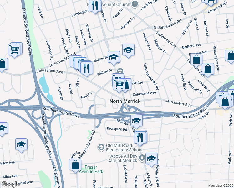 map of restaurants, bars, coffee shops, grocery stores, and more near 1529 Jerusalem Avenue in Merrick