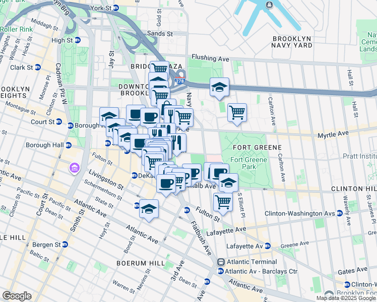 map of restaurants, bars, coffee shops, grocery stores, and more near 196 Willoughby Street in Brooklyn