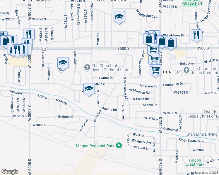 map of restaurants, bars, coffee shops, grocery stores, and more near 3707 Jefferson Circle in Magna