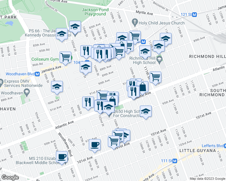 map of restaurants, bars, coffee shops, grocery stores, and more near 104-33 92nd Avenue in Queens