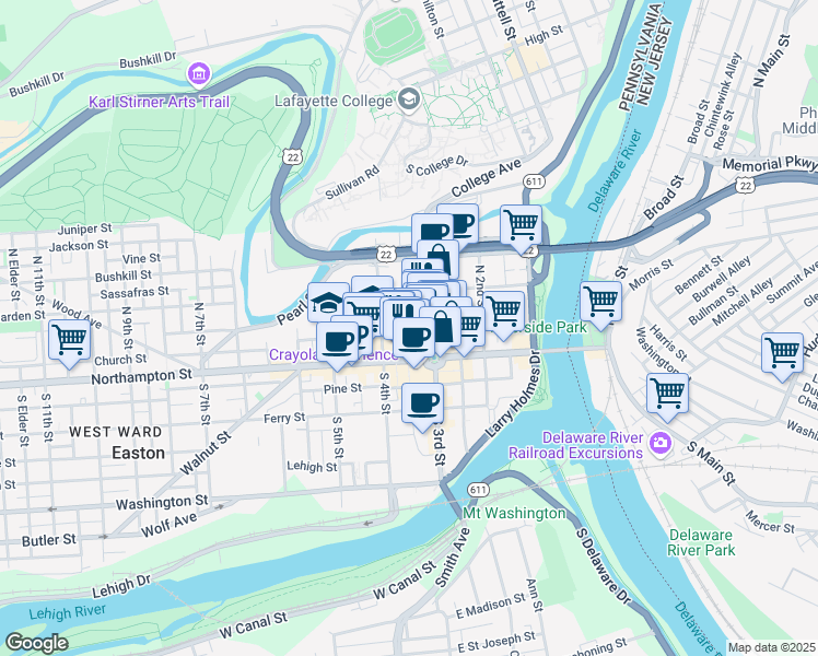 map of restaurants, bars, coffee shops, grocery stores, and more near 24 North 3rd Street in Easton