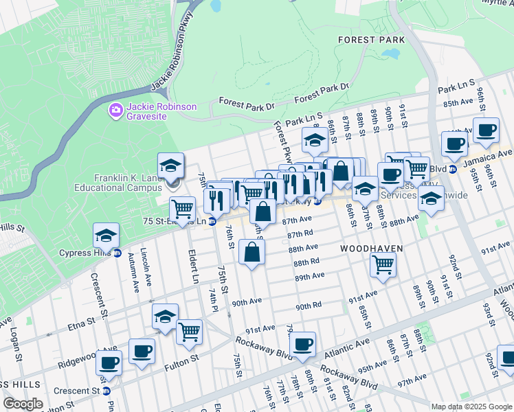 map of restaurants, bars, coffee shops, grocery stores, and more near in Queens